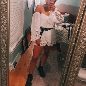 White Off-The-Shoulder Lace Romper